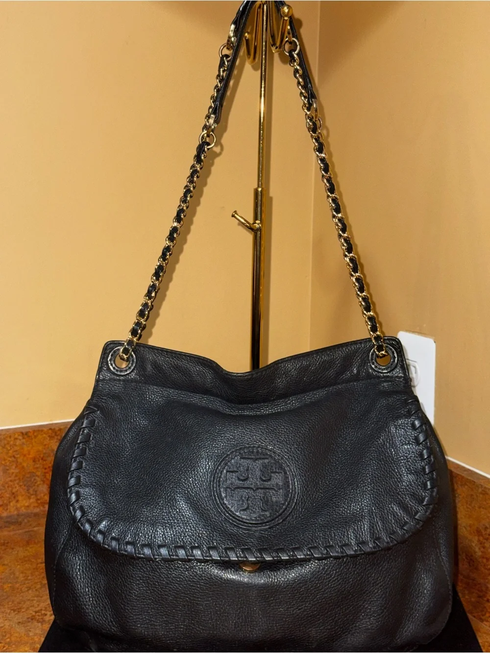 Tory Burch Marion Black Pebbled Leather Chain Shoulder Bag